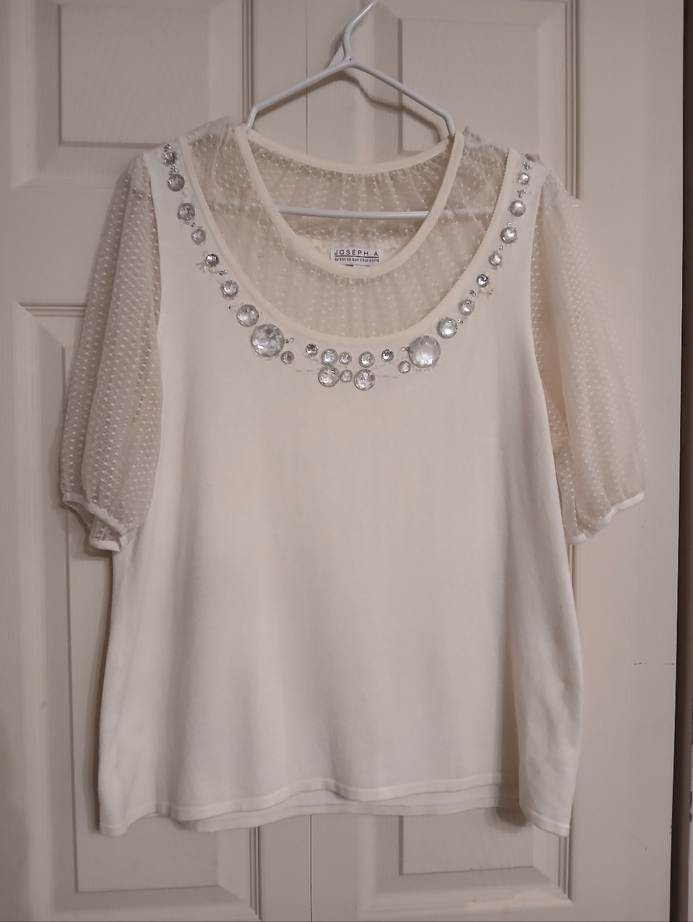 Joseph A Cream Jewel-Neck Dot Mesh Sleeve Blouse, Size Extra Large (XL)